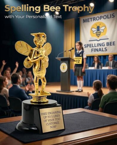 Awards4U Spelling Bee Trophy with Personalized Engraving Plate - 7" Tall Gold Bee Award on Black Base - Custom Spelling Competition Trophy for School Classroom Contest or Academic Achievement in Kuwait