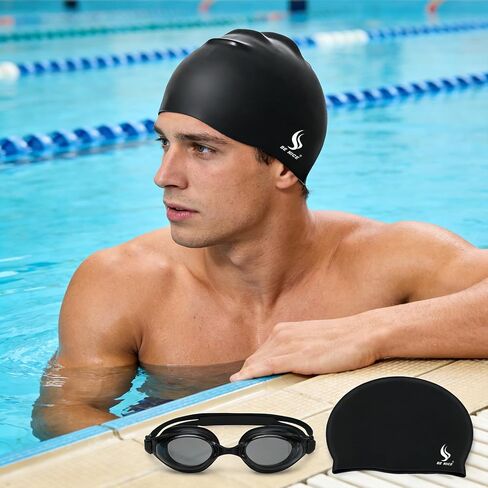 BENICE Swim Cap Set for Women Men – Durable Silicone Swimming Cap Women Men Adult Swim Hat Pool Water Caps Black Waterproof Bathing Cap for Short & Long Hair in Saudi Arabia