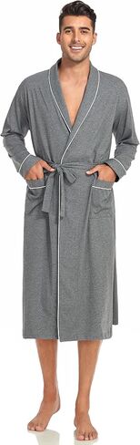 CF Mens 100 ٪ رداء القطن خفيفة الوزن متماسكة كيمونو رداء الحمام طويل الأكمام رداء ناعم طول الركبة مع جيوب M-2XL in Kuwait