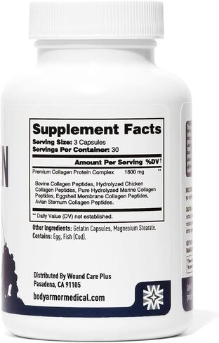 العناية بالجروح بالإضافة إلى مكمل مركب الكولاجين - ببتيدات الكولاجين متعددة المصادر (البقري، البحري، الدجاج، قشر البيض) - يدعم صحة الجلد والأنسجة - 90 كبسولة - خالية من الغلوتين، غير معدلة وراثيًا، صديقة للكيتو in Kuwait