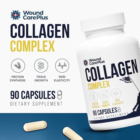 العناية بالجروح بالإضافة إلى مكمل مركب الكولاجين - ببتيدات الكولاجين متعددة المصادر (البقري، البحري، الدجاج، قشر البيض) - يدعم صحة الجلد والأنسجة - 90 كبسولة - خالية من الغلوتين، غير معدلة وراثيًا، صديقة للكيتو in Kuwait