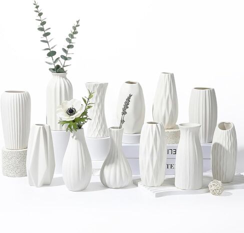 Beahot Ceramic Bud المزهريات مجموعة من 12 - Matte Mini White Jars Bulk | المزهريات الخزفية البيضاء الصغيرة للقطاعات المركزية ، وترتيبات زفاف الزفاف ، وحرف DIY وديكور طاولة بوهو (لا تصاميم متكررة) in Kuwait