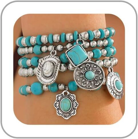 Turquoise Western Bracelets for Women Bohemian Vintage Stackable Turquoise Bracelet Rustic Beaded Cow Head Charm Stretch Bracelet Western Rustic Costume Jewelry Accessories in Saudi Arabia