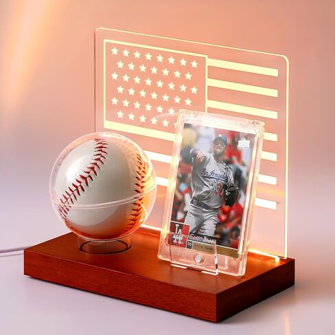 Colingmill Acrylic Baseball Holder Display Case for Ball and Card with 3 Color LED Light Wood Base Display Case Ring Stand Centerpiece Protector Gift for Memorabilia Showcase (American Flag) in Saudi Arabia
