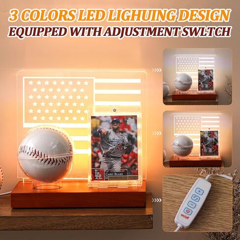 Colingmill Acrylic Baseball Holder Display Case for Ball and Card with 3 Color LED Light Wood Base Display Case Ring Stand Centerpiece Protector Gift for Memorabilia Showcase (American Flag) in Saudi Arabia
