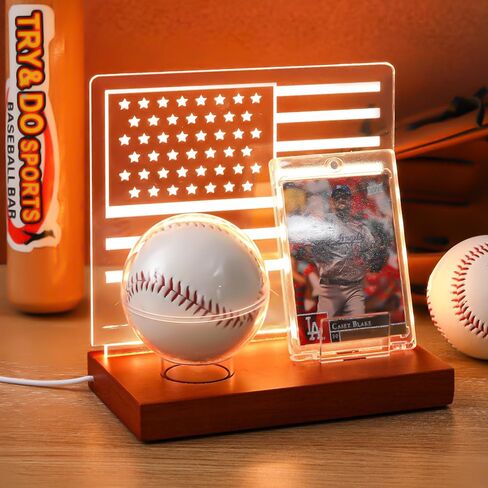 Colingmill Acrylic Baseball Holder Display Case for Ball and Card with 3 Color LED Light Wood Base Display Case Ring Stand Centerpiece Protector Gift for Memorabilia Showcase (American Flag) in Saudi Arabia