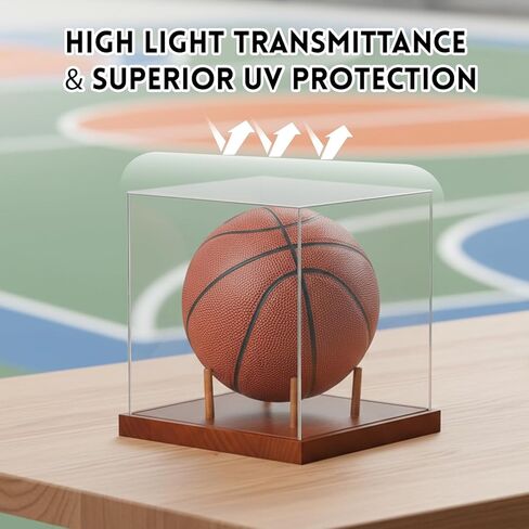 No Assembly Mini Basketball Display Case with Solid Wood Base - 8 Inch Mini Ball Acrylic Storage Box - UV Protected Display Case in Kuwait