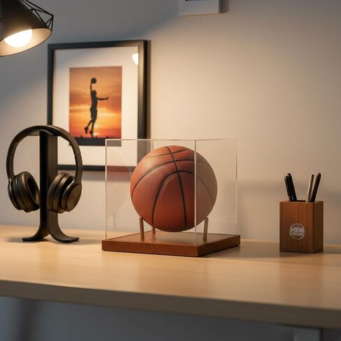 No Assembly Mini Basketball Display Case with Solid Wood Base - 8 Inch Mini Ball Acrylic Storage Box - UV Protected Display Case in Kuwait