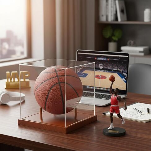 No Assembly Mini Basketball Display Case with Solid Wood Base - 8 Inch Mini Ball Acrylic Storage Box - UV Protected Display Case in Kuwait