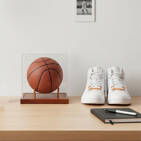 No Assembly Mini Basketball Display Case with Solid Wood Base - 8 Inch Mini Ball Acrylic Storage Box - UV Protected Display Case in Kuwait