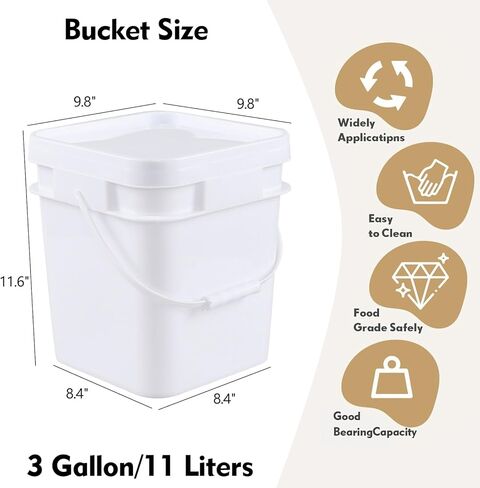 3 Gallon Plastic Bucket with Lid, 4-Pack Square Bucket Pail Food Grade, White in Saudi Arabia