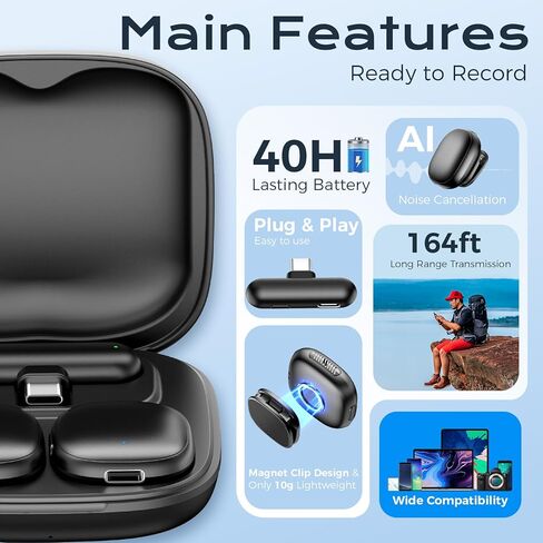 ميكروفون Lavalier لاسلكي لأجهزة iPhone/Android، ميكروفونات على شكل طية صدر السترة مع توصيل الإضاءة/USB-C، وإلغاء الضوضاء AI، وعمر بطارية 35 ساعة، ونطاق 164 قدمًا للبث، ومدونات الفيديو والبودكاست، وميكروفون بمشبك مغناطيسي in Kuwait