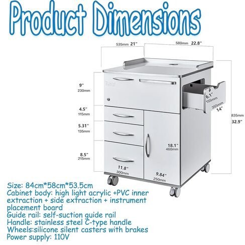 خزانة تخزين الأسنان الاحترافية، خزانة متنقلة لمساعد الأسنان مع كابل طاقة 71 بوصة، عربة طبية قابلة للقفل من الأكريليك مقاس 21 بوصة * 23 بوصة * 33 بوصة على عجلات الفرامل للعيادات/المستشفيات/المكتب المنزلي in Kuwait