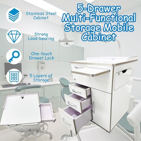 خزانة تخزين الأسنان الاحترافية، خزانة متنقلة لمساعد الأسنان مع كابل طاقة 71 بوصة، عربة طبية قابلة للقفل من الأكريليك مقاس 21 بوصة * 23 بوصة * 33 بوصة على عجلات الفرامل للعيادات/المستشفيات/المكتب المنزلي in Kuwait