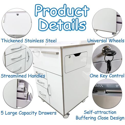 خزانة تخزين الأسنان الاحترافية، خزانة متنقلة لمساعد الأسنان مع كابل طاقة 71 بوصة، عربة طبية قابلة للقفل من الأكريليك مقاس 21 بوصة * 23 بوصة * 33 بوصة على عجلات الفرامل للعيادات/المستشفيات/المكتب المنزلي in Kuwait