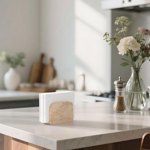 WORHE Travertine Napkin Holder for Table, Natural Stone Standing Napkin Dispenser for Cocktail Tissue & Paper for Dining, Kitchen Countertop Organizer All Dining Room & Home Decor Beige (WH083) in Kuwait