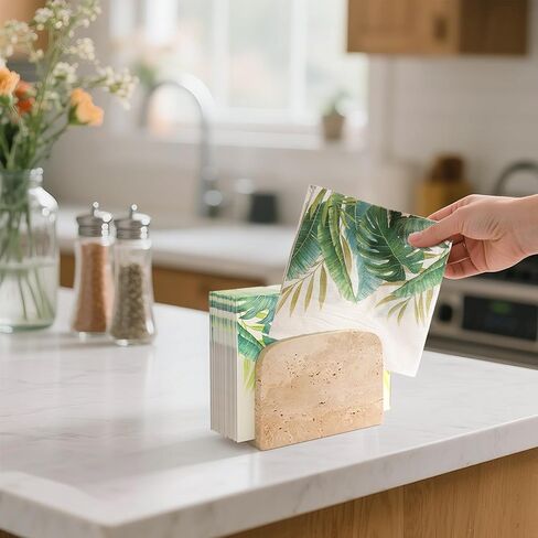 WORHE Travertine Napkin Holder for Table, Natural Stone Standing Napkin Dispenser for Cocktail Tissue & Paper for Dining, Kitchen Countertop Organizer All Dining Room & Home Decor Beige (WH083) in Kuwait