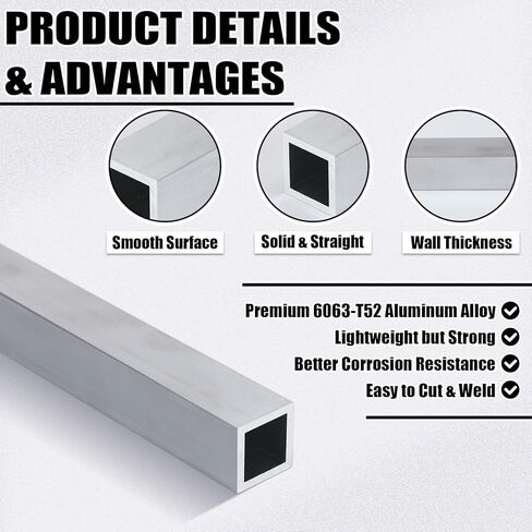 Zonon Aluminum 6063-t52 Square Tubing 1" x 1" Square Tube 0.125" Wall Thickness 4 ft Length Extruded Aluminum Tube Lightweight Metal Pipe for Framing Fabrication DIY Projects Welding Construction in Saudi Arabia