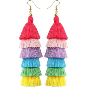 Jeanbeau Boho Rainbow Layered Tassel Dangle Drop Earrings for Women Girls – Trend handmade Bohemian Macrame Tiered Lightweight Fringe dangling Earing Accessories Jewelry Gift in Kuwait