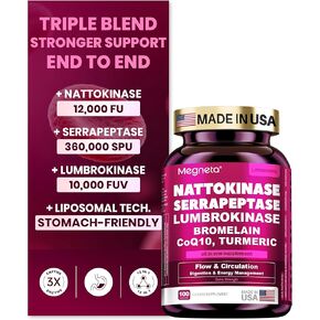 Nattokinase Supplement 12,000 FU (Max Strength) Serrapeptase 360,000 sPU, Lumbrokinase 10,000 FUV & CoQ10 -Systemic Enzymes Complex for Cardiovascular & Circulatory Health Support-100 Capsule in Kuwait