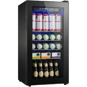 ثلاجة المشروبات، 160 علبة ثلاجة صغيرة قائمة بذاتها مع باب زجاجي لنبيذ الصودا والبيرة، موزع مشروبات صغير مع تحكم في درجة الحرارة قابل للتعديل للمنزل والمكتب، أسود in Kuwait