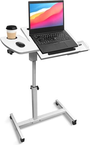 طاولة سرير المستشفى مع عجلات وطاولة بجانب السرير قابلة للتعديل مع 2 سطح مكتب مائل وحامل أكواب ودرج للمكتب والمنزل والمستشفى باللون الأبيض in Kuwait
