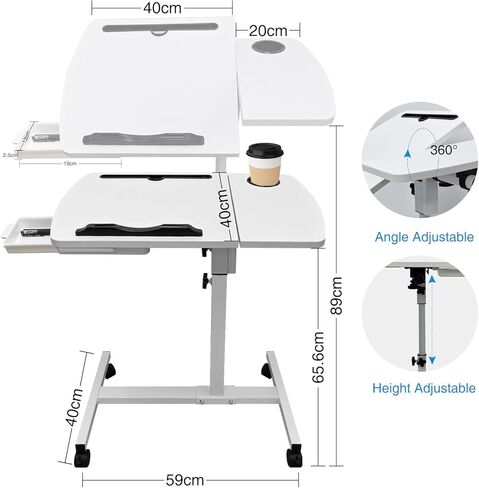 طاولة سرير المستشفى مع عجلات وطاولة بجانب السرير قابلة للتعديل مع 2 سطح مكتب مائل وحامل أكواب ودرج للمكتب والمنزل والمستشفى باللون الأبيض in Kuwait