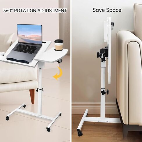 طاولة سرير المستشفى مع عجلات وطاولة بجانب السرير قابلة للتعديل مع 2 سطح مكتب مائل وحامل أكواب ودرج للمكتب والمنزل والمستشفى باللون الأبيض in Kuwait