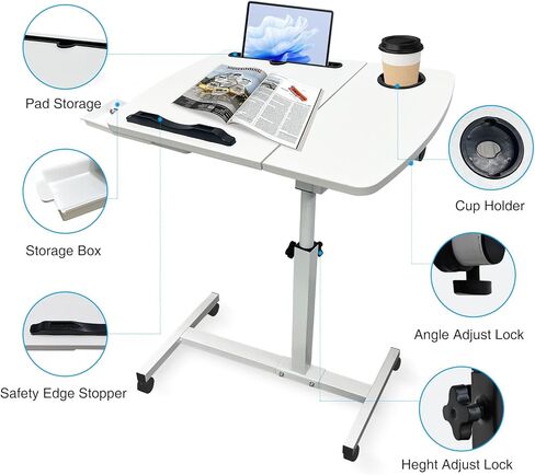 طاولة سرير المستشفى مع عجلات وطاولة بجانب السرير قابلة للتعديل مع 2 سطح مكتب مائل وحامل أكواب ودرج للمكتب والمنزل والمستشفى باللون الأبيض in Kuwait