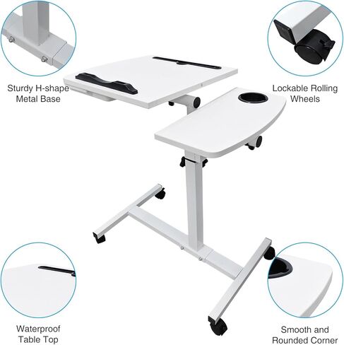 طاولة سرير المستشفى مع عجلات وطاولة بجانب السرير قابلة للتعديل مع 2 سطح مكتب مائل وحامل أكواب ودرج للمكتب والمنزل والمستشفى باللون الأبيض in Kuwait