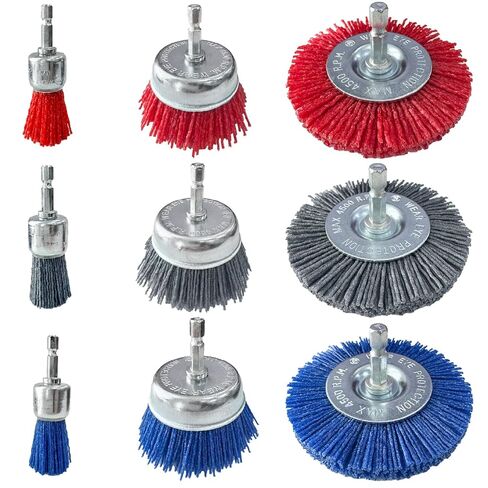 9 Pack Nylon Filament Brush for Drill, 80/100/240 Grit Nylon Drill Brush Set with 1/4" Hex Shank, Abrasive Brush Wheel and Cup Brush Set for Removal of Rust Corrosion Paint in Saudi Arabia