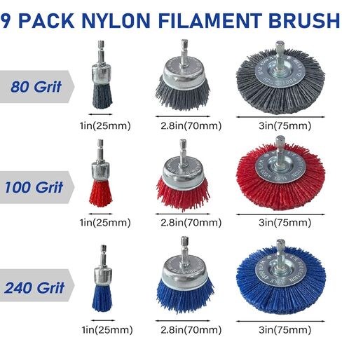 9 Pack Nylon Filament Brush for Drill, 80/100/240 Grit Nylon Drill Brush Set with 1/4" Hex Shank, Abrasive Brush Wheel and Cup Brush Set for Removal of Rust Corrosion Paint in Saudi Arabia