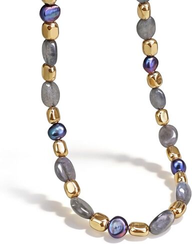 قلادات مطرزة باللابرادوريت للنساء، عقد بقلادة بوهو من اللؤلؤ الرمادي، قلادة من الأحجار الكريمة مطلية بالذهب عيار 18 قيراط 18 بوصة in Kuwait