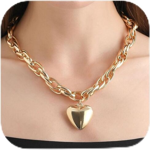 Gold Chunky Heart Necklace for Women Girls Large Heart Pendant Necklace Punk Thick Chain Choker Necklace Statement Jewelry Gifts in Kuwait