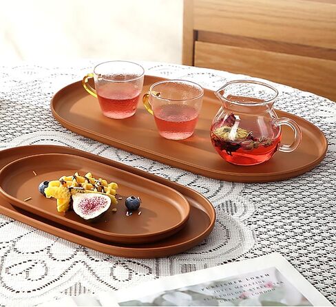 4 قطع صينية بلاستيكية بيضاوية من الخشب الحبيبي، طبق تقديم 9.4 بوصة × 5.1 بوصة من الأطباق والفواكه والشواء والطعام في المنزل والحفلات والخارجية (L) in Saudi Arabia