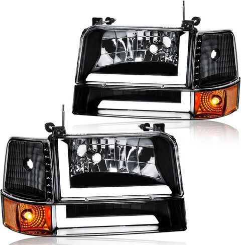 مجموعة المصابيح الأمامية LED DRL، مجموعة المصابيح الأمامية متوافقة مع 1997-2004 Ford F150/1997-1999 F250، تناسب 1997-2002 Ford Expedition استبدال المصابيح الأمامية من الكروم عاكس العنبر in Kuwait