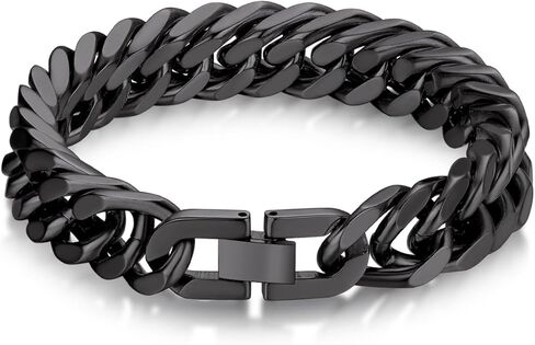Bandmax Chunky Black Hand Chain Wirstlet for Men Stainless Steel 12MM Large Size 9 Inch Long Metal Hip Hop Rock Biker Rapper Link Chain Bracelet for Husband Father in Saudi Arabia