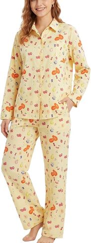 طقم بيجامة حريمي مكون من قطعتين بأزرار فاكهة مزهرة وأكمام طويلة وأرجل واسعة ناعمة من Pjs in Kuwait