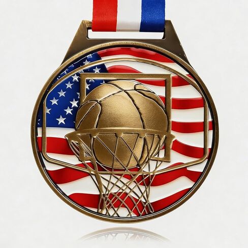 Patriotic Basketball Medal - 3 Inch Zinc Alloy Basketball Medal with Hoops Medallion with Stars, Patriotic Sports Award Medal for Basketball Competitions, Tournaments & Recognition in Kuwait