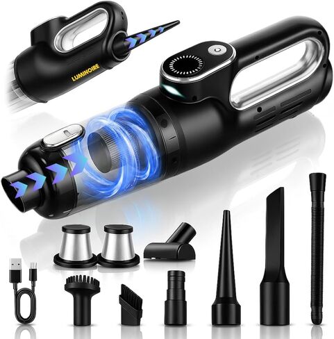 Car Vacuum Portable Cordless, 4-in-1 Mini Car Vacuum with 19500pa Suction & Air Duster, USB-C Charging, Smart Digital Display, Handheld Vacuum with LED Light, Multi Nozzles for Car, Home, Office, Pet in Saudi Arabia