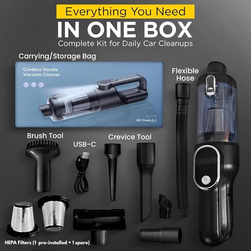 Car Vacuum Portable Cordless, 4-in-1 Mini Car Vacuum with 19500pa Suction & Air Duster, USB-C Charging, Smart Digital Display, Handheld Vacuum with LED Light, Multi Nozzles for Car, Home, Office, Pet in Saudi Arabia