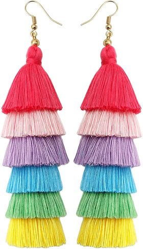 Jeanbeau Boho Rainbow Layered Tassel Dangle Drop Earrings for Women Girls – Trend handmade Bohemian Macrame Tiered Lightweight Fringe dangling Earing Accessories Jewelry Gift in Kuwait