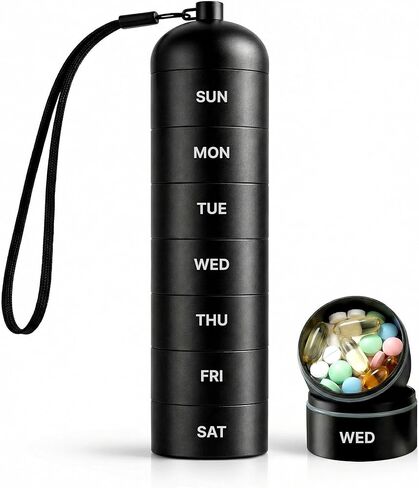 منظم حبوب دواء معدني مقاوم للرطوبة لمدة 7 أيام - صندوق حبوب دواء أسبوعي من سبائك الألومنيوم مع أختام دائرية محكمة الغلق، مقصورات كبيرة قابلة للتكديس، حقيبة طبية متينة خالية من مادة BPA للسفر والفيتامينات والمكملات الغذائية in Kuwait
