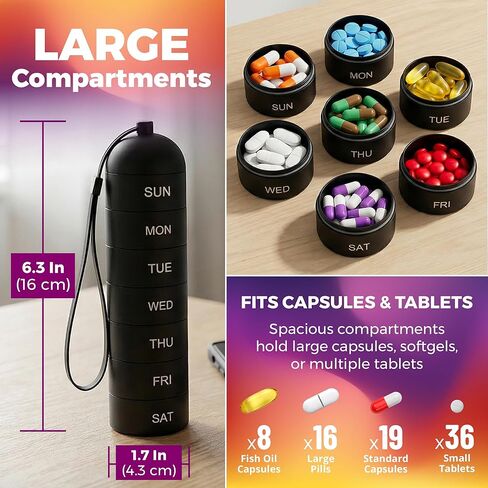 منظم حبوب دواء معدني مقاوم للرطوبة لمدة 7 أيام - صندوق حبوب دواء أسبوعي من سبائك الألومنيوم مع أختام دائرية محكمة الغلق، مقصورات كبيرة قابلة للتكديس، حقيبة طبية متينة خالية من مادة BPA للسفر والفيتامينات والمكملات الغذائية in Kuwait