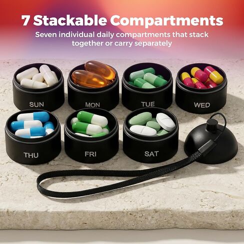 منظم حبوب دواء معدني مقاوم للرطوبة لمدة 7 أيام - صندوق حبوب دواء أسبوعي من سبائك الألومنيوم مع أختام دائرية محكمة الغلق، مقصورات كبيرة قابلة للتكديس، حقيبة طبية متينة خالية من مادة BPA للسفر والفيتامينات والمكملات الغذائية in Kuwait