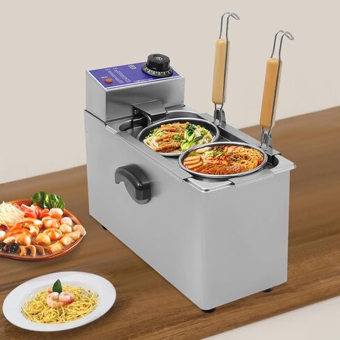 Commercial Electric Pasta Cooker Machine, Dual-Basket Noodle Cooker 1.2KW, 86-230°F Adjustable, Stainless Steel Countertop Design, for Restaurants Cafes Food Trucks in Kuwait