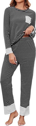 طقم بيجامة نسائي قطني بأكمام طويلة مكون من قطعتين طقم صالة ناعم Pj طقم ملابس نوم شتوية بجيوب in Kuwait