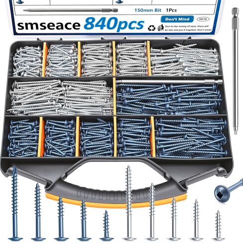 smseace 840Pcs Pocket Hole Screws Assortment Kit #8 x 1, 1-1/4", 1-1/2", 2", 2-1/2" Blue Coated and Zinc Coated Square Drive Pocket Screws with 150mm Drive Bit Wood Screw Set in Saudi Arabia