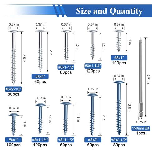 smseace 840Pcs Pocket Hole Screws Assortment Kit #8 x 1, 1-1/4", 1-1/2", 2", 2-1/2" Blue Coated and Zinc Coated Square Drive Pocket Screws with 150mm Drive Bit Wood Screw Set in Saudi Arabia