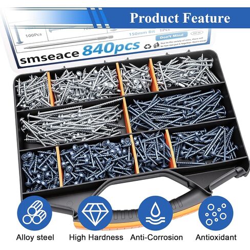 smseace 840Pcs Pocket Hole Screws Assortment Kit #8 x 1, 1-1/4", 1-1/2", 2", 2-1/2" Blue Coated and Zinc Coated Square Drive Pocket Screws with 150mm Drive Bit Wood Screw Set in Saudi Arabia